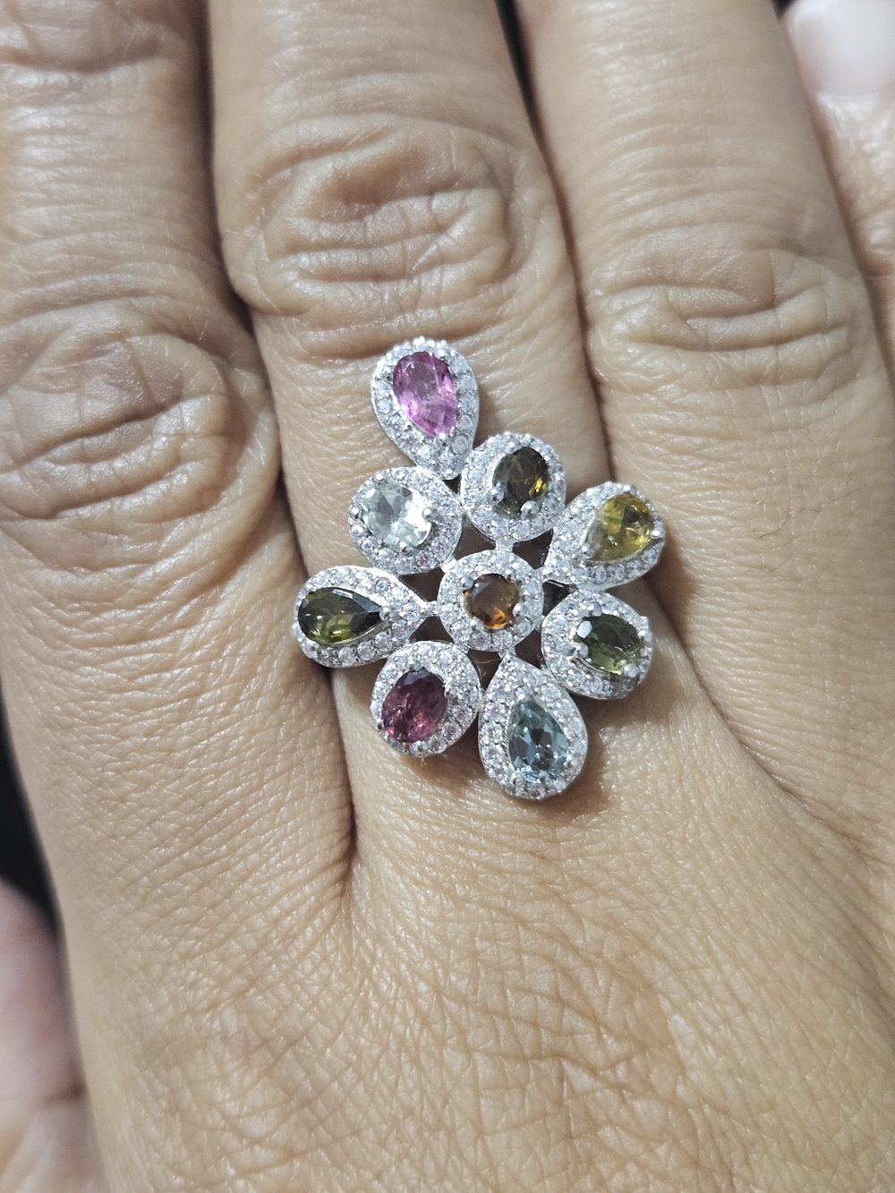 925S Multicolor Tournaline Teardrop Flower Cocktail Ring - Women Jewelry